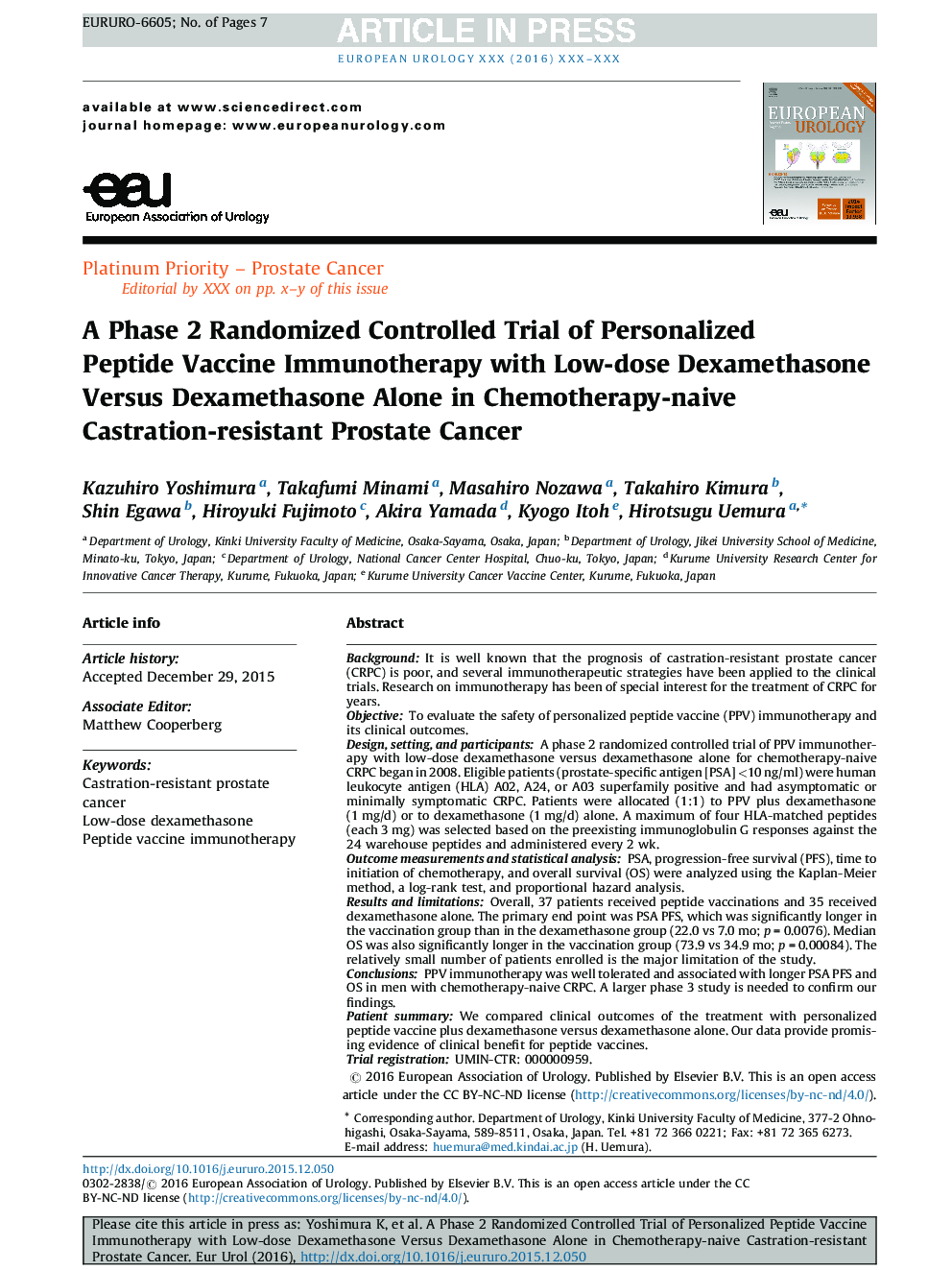 A Phase 2 Randomized Controlled Trial of Personalized Peptide Vaccine Immunotherapy with Low-dose Dexamethasone Versus Dexamethasone Alone in Chemotherapy-naive Castration-resistant Prostate Cancer