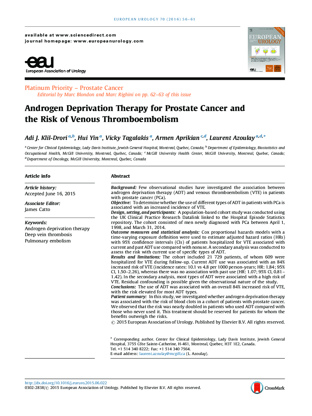 درمان محرومیت آندروژن برای سرطان پروستات و خطر ترومبوآمبولی واژینوز 