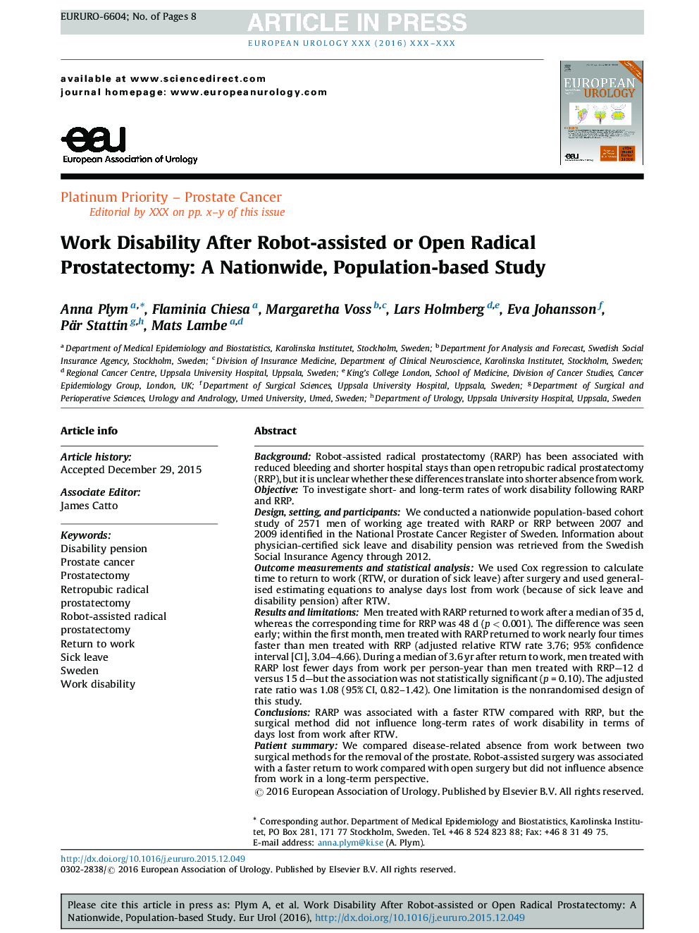 Work Disability After Robot-assisted or Open Radical Prostatectomy: A Nationwide, Population-based Study