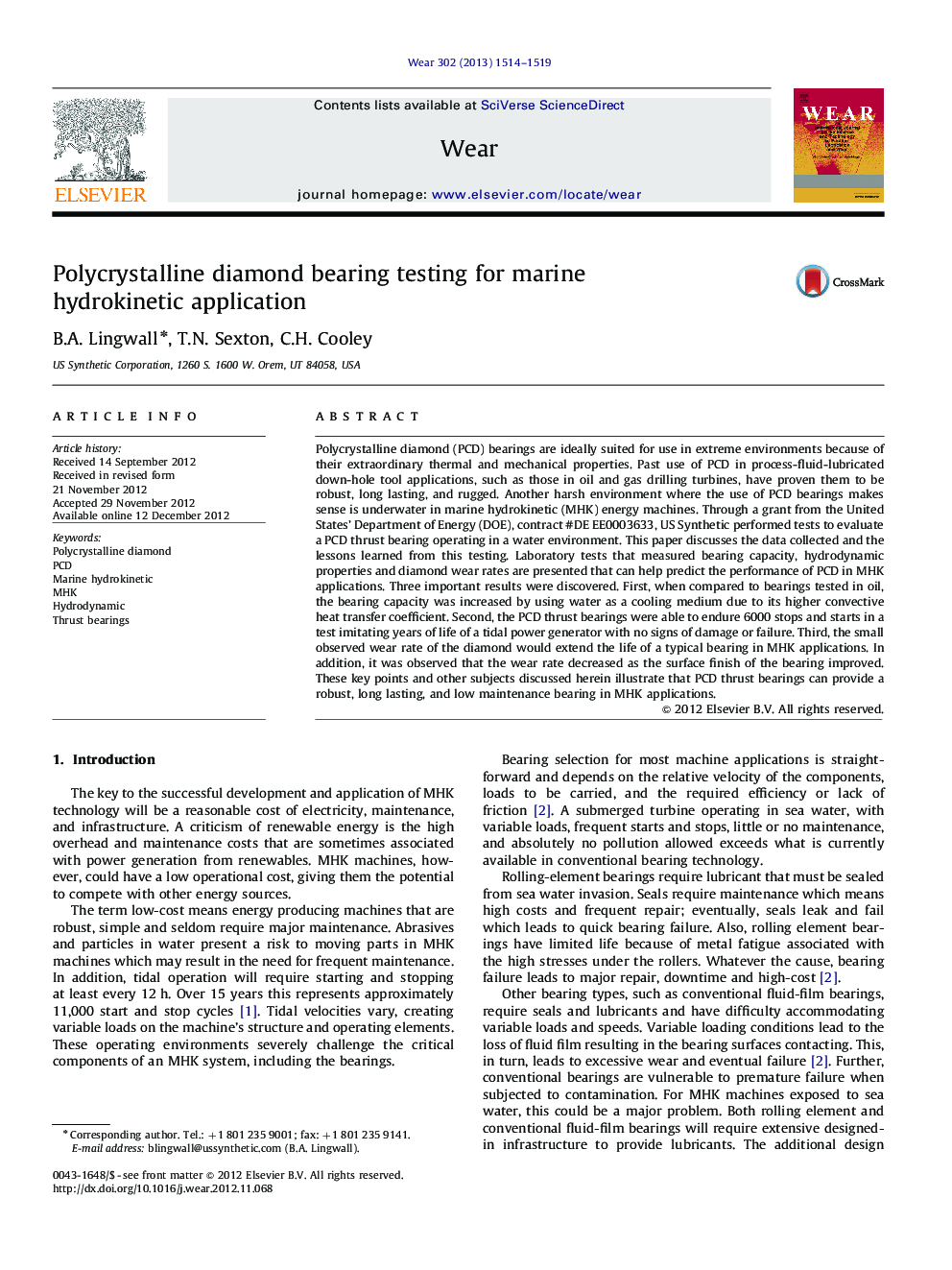 Polycrystalline diamond bearing testing for marine hydrokinetic application