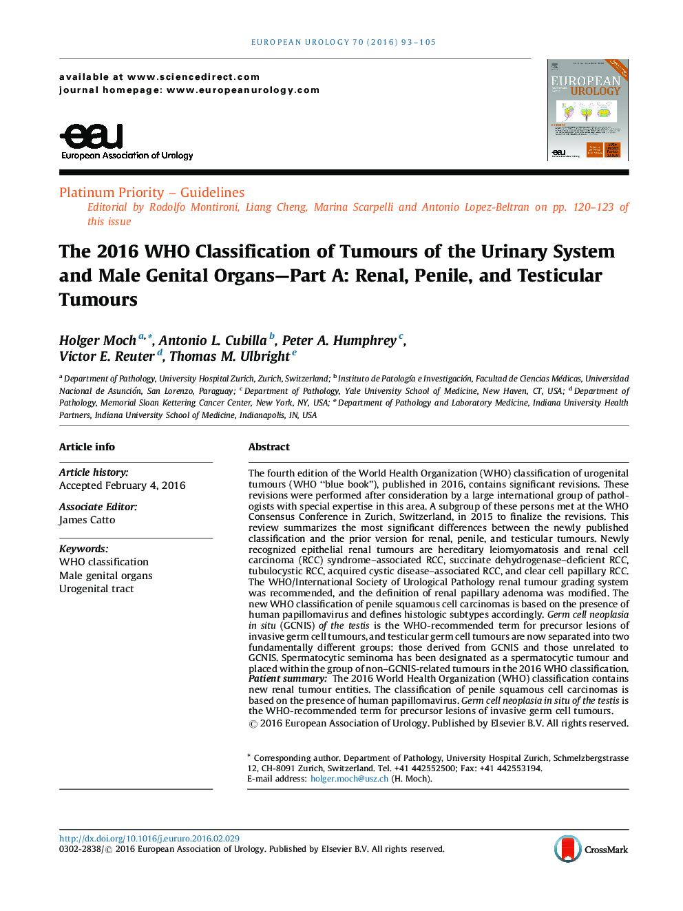 The 2016 WHO Classification of Tumours of the Urinary System and Male Genital Organs-Part A: Renal, Penile, and Testicular Tumours