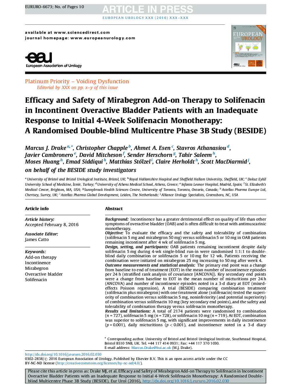 Efficacy and Safety of Mirabegron Add-on Therapy to Solifenacin in Incontinent Overactive Bladder Patients with an Inadequate Response to Initial 4-Week Solifenacin Monotherapy: A Randomised Double-blind Multicentre Phase 3B Study (BESIDE)