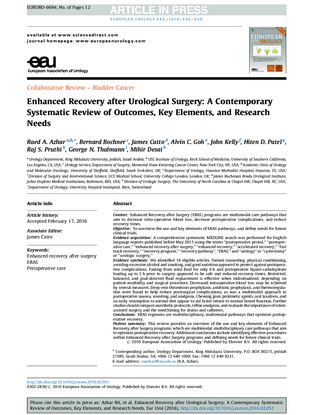 Enhanced Recovery after Urological Surgery: A Contemporary Systematic Review of Outcomes, Key Elements, and Research Needs