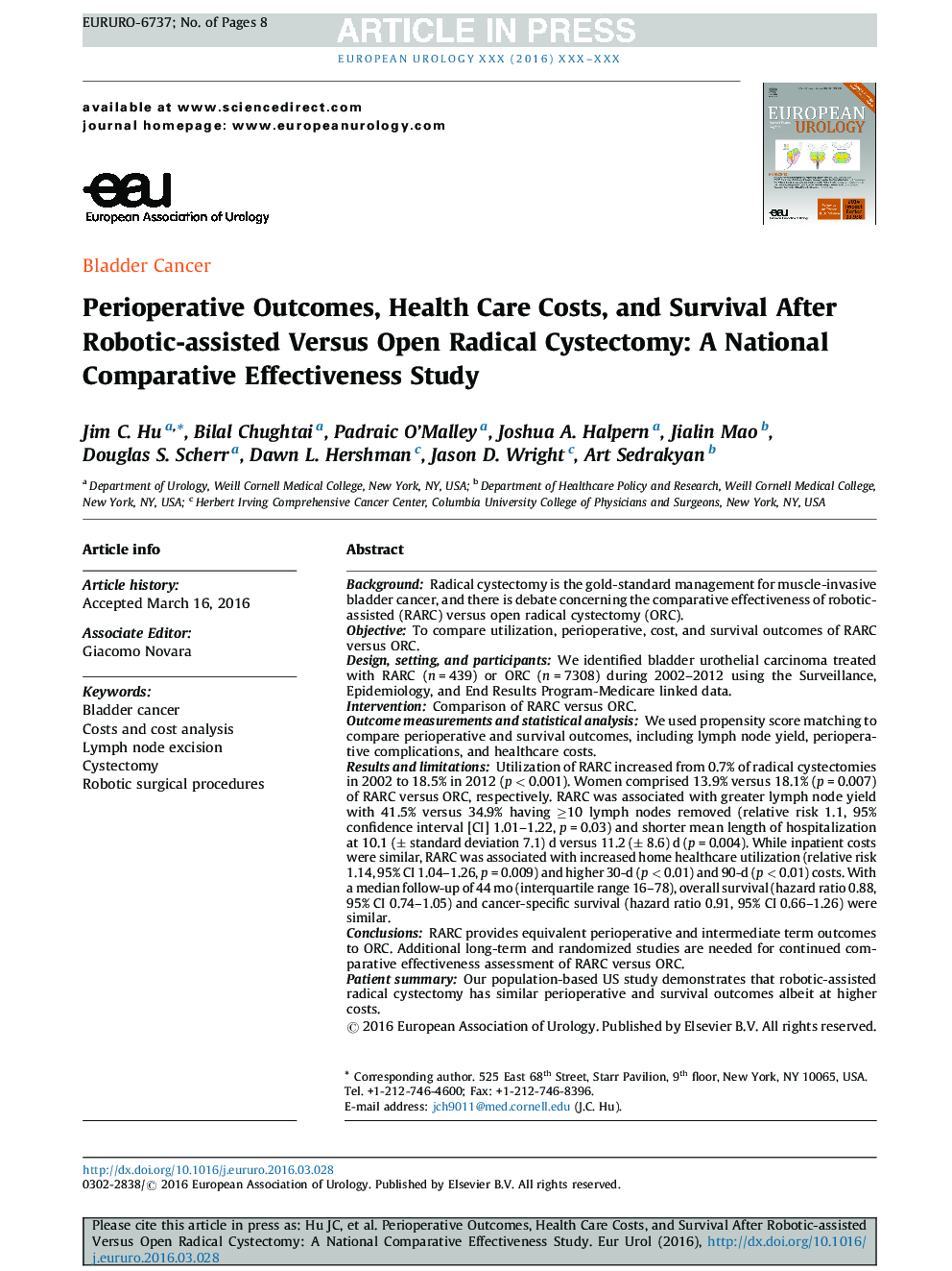 Perioperative Outcomes, Health Care Costs, and Survival After Robotic-assisted Versus Open Radical Cystectomy: A National Comparative Effectiveness Study