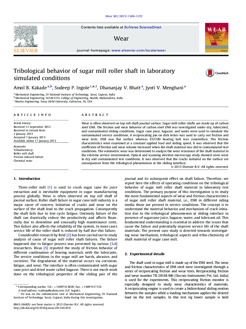 Tribological behavior of sugar mill roller shaft in laboratory simulated conditions