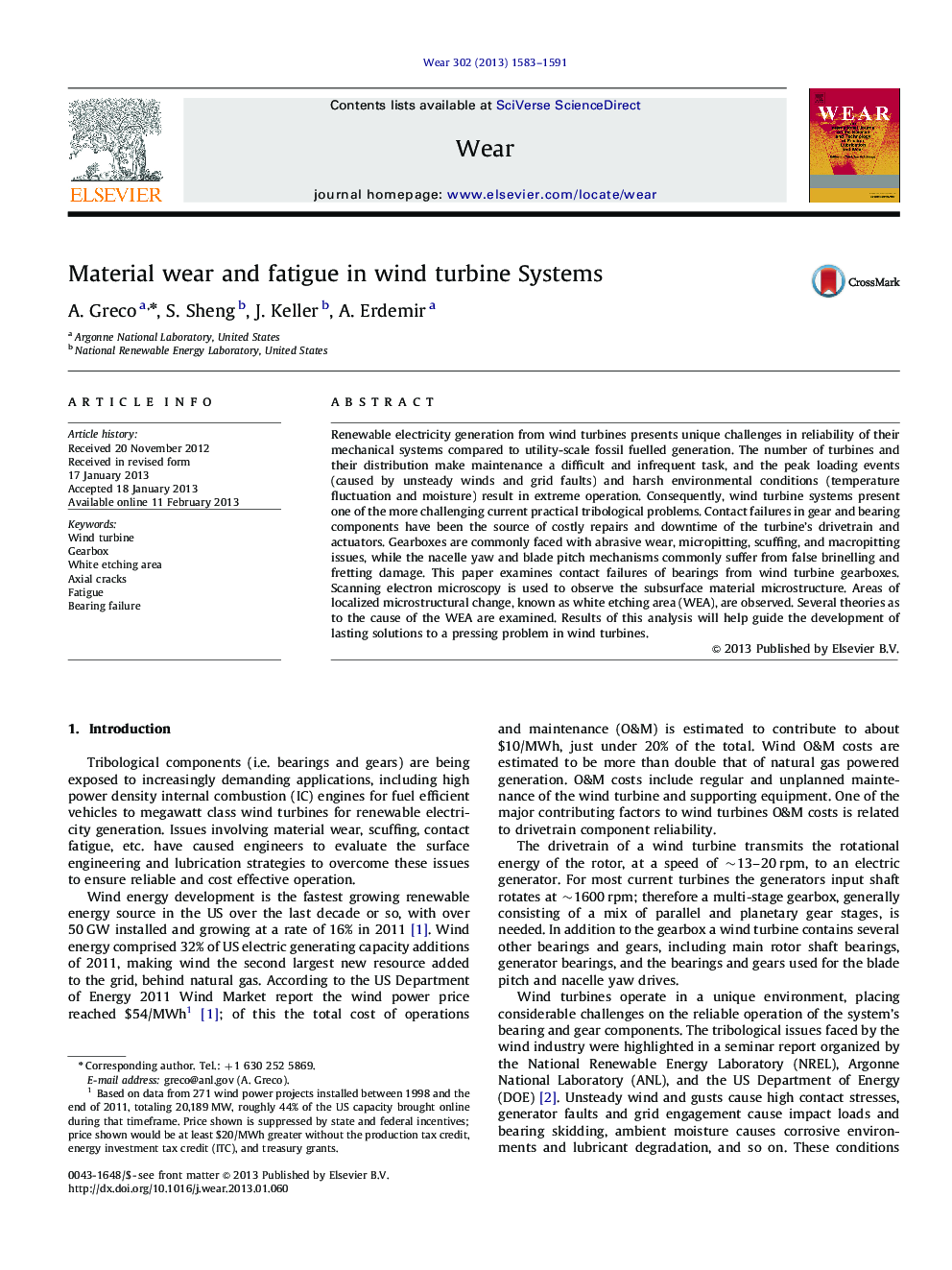 Material wear and fatigue in wind turbine Systems