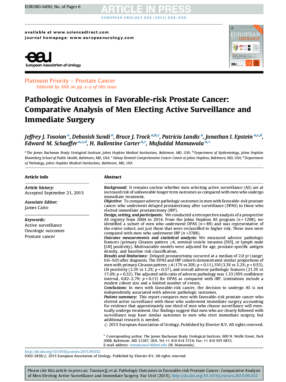 Pathologic Outcomes in Favorable-risk Prostate Cancer: Comparative Analysis of Men Electing Active Surveillance and Immediate Surgery