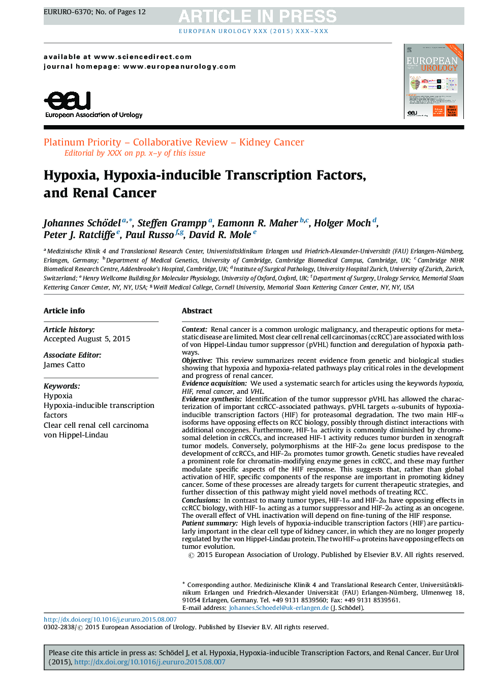 Hypoxia, Hypoxia-inducible Transcription Factors, and Renal Cancer
