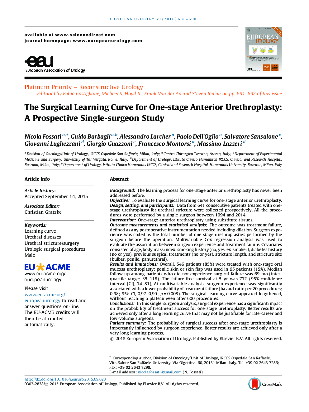 The Surgical Learning Curve for One-stage Anterior Urethroplasty: A Prospective Single-surgeon Study