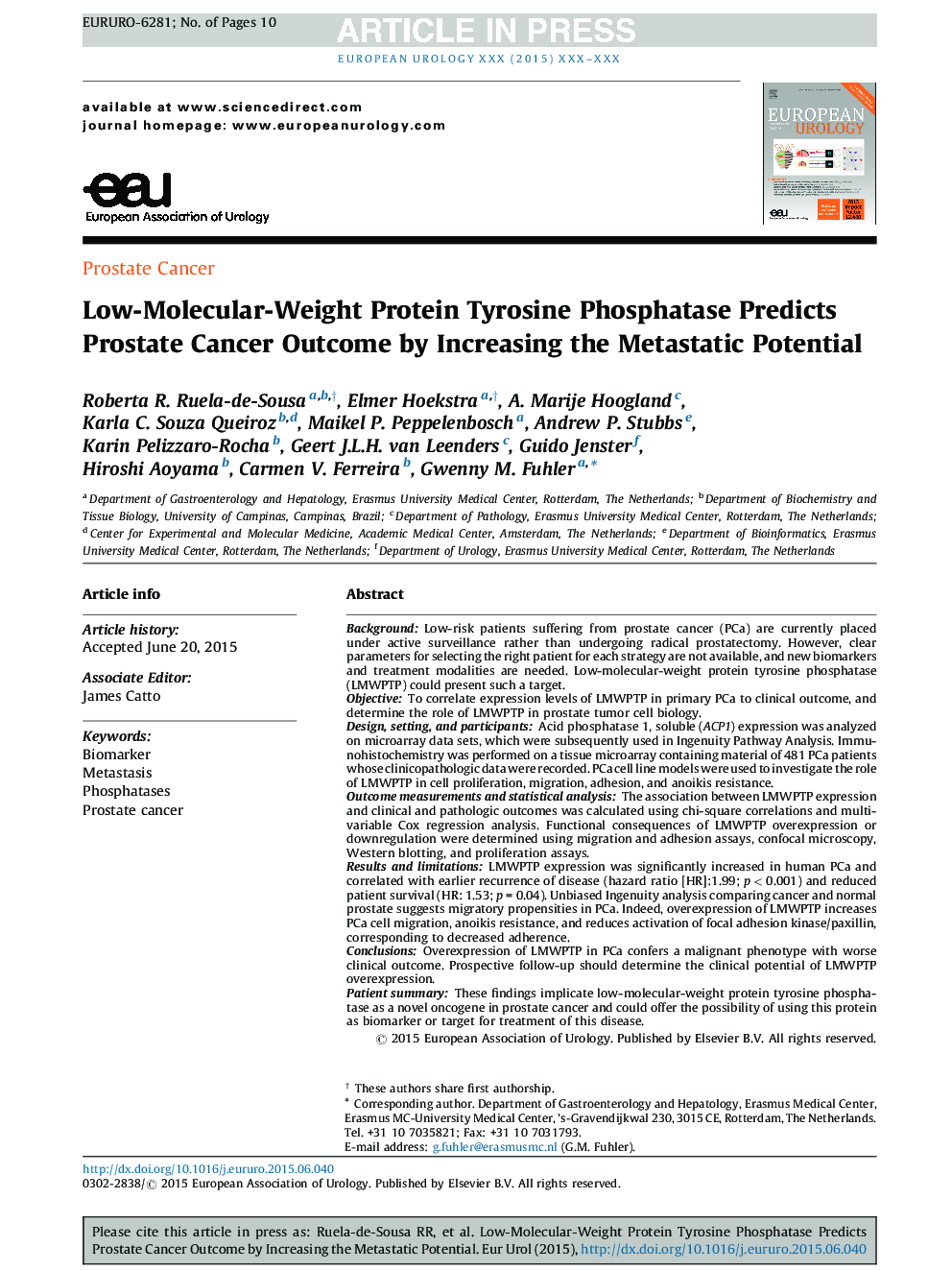 Low-Molecular-Weight Protein Tyrosine Phosphatase Predicts Prostate Cancer Outcome by Increasing the Metastatic Potential