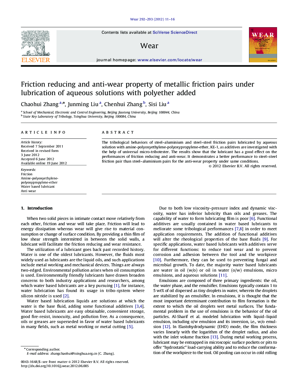 Friction reducing and anti-wear property of metallic friction pairs under lubrication of aqueous solutions with polyether added