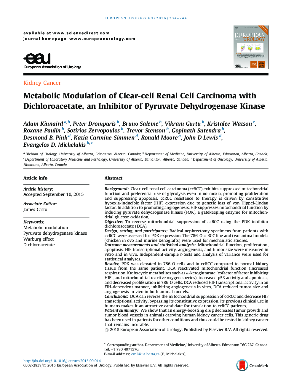 Metabolic Modulation of Clear-cell Renal Cell Carcinoma with Dichloroacetate, an Inhibitor of Pyruvate Dehydrogenase Kinase