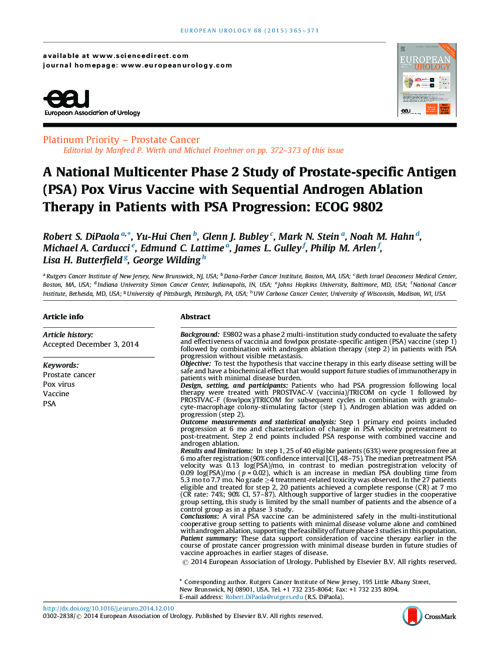 A National Multicenter Phase 2 Study of Prostate-specific Antigen (PSA) Pox Virus Vaccine with Sequential Androgen Ablation Therapy in Patients with PSA Progression: ECOG 9802