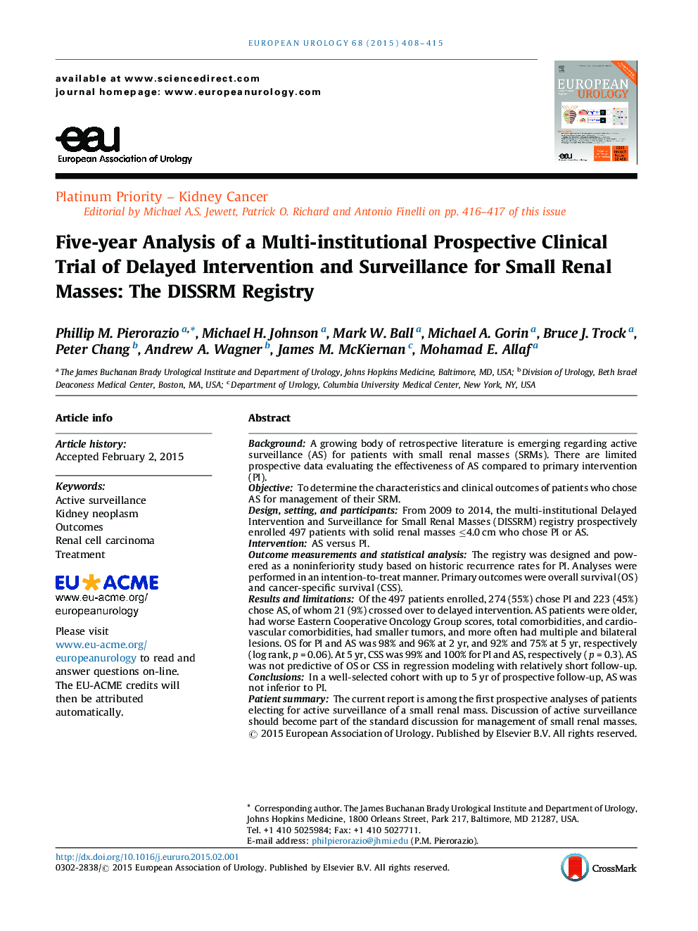 Five-year Analysis of a Multi-institutional Prospective Clinical Trial of Delayed Intervention and Surveillance for Small Renal Masses: The DISSRM Registry
