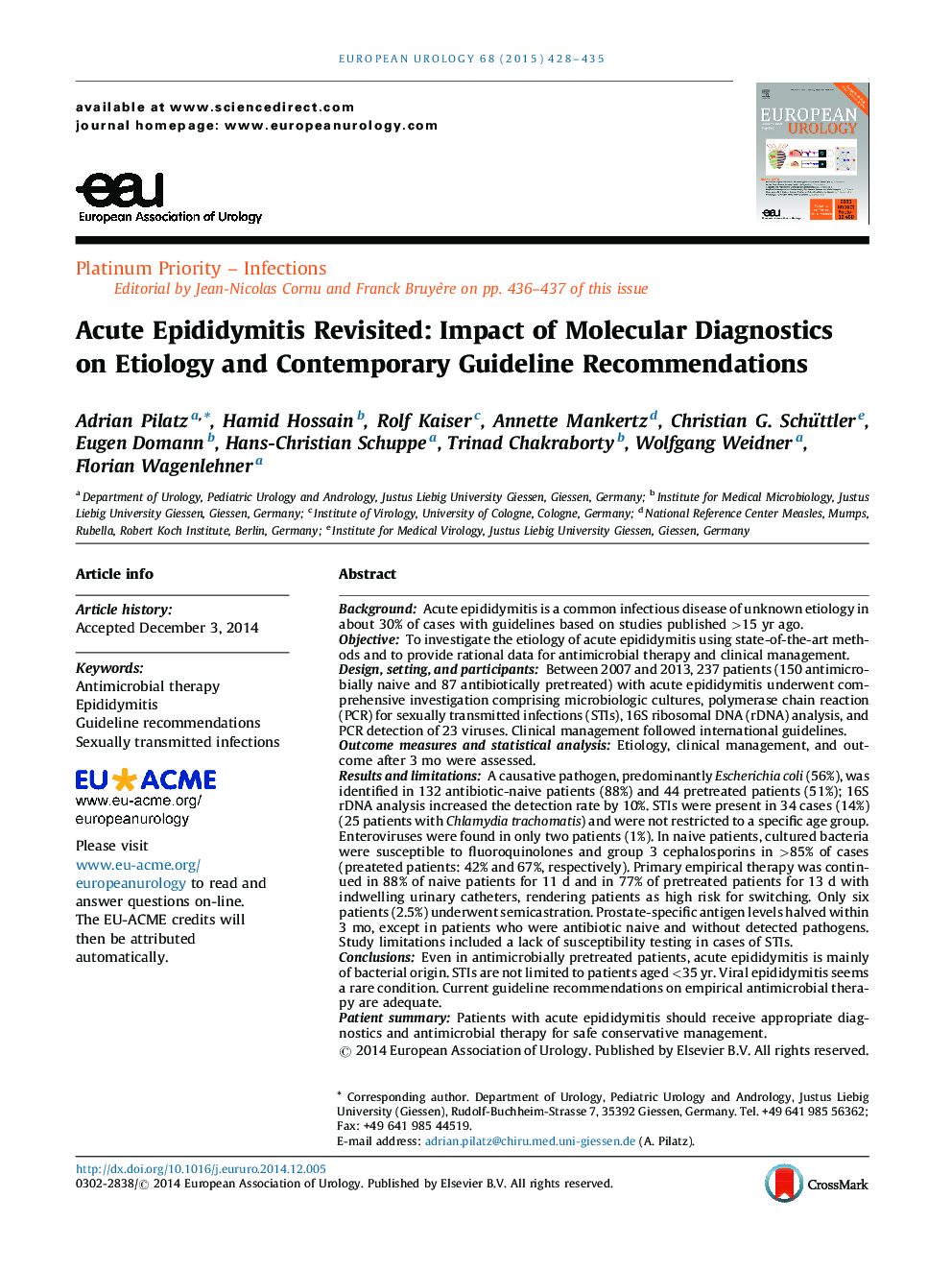 Acute Epididymitis Revisited: Impact of Molecular Diagnostics on Etiology and Contemporary Guideline Recommendations