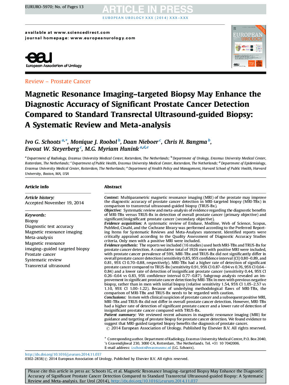 Magnetic Resonance Imaging-targeted Biopsy May Enhance the Diagnostic Accuracy of Significant Prostate Cancer Detection Compared to Standard Transrectal Ultrasound-guided Biopsy: A Systematic Review and Meta-analysis