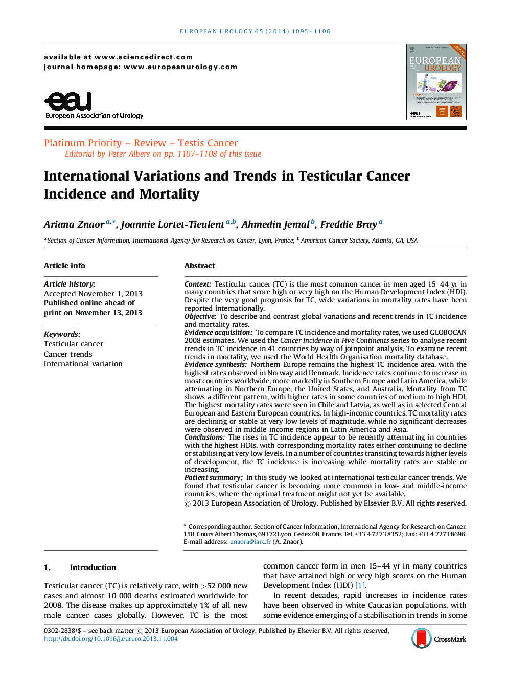 International Variations and Trends in Testicular Cancer Incidence and Mortality