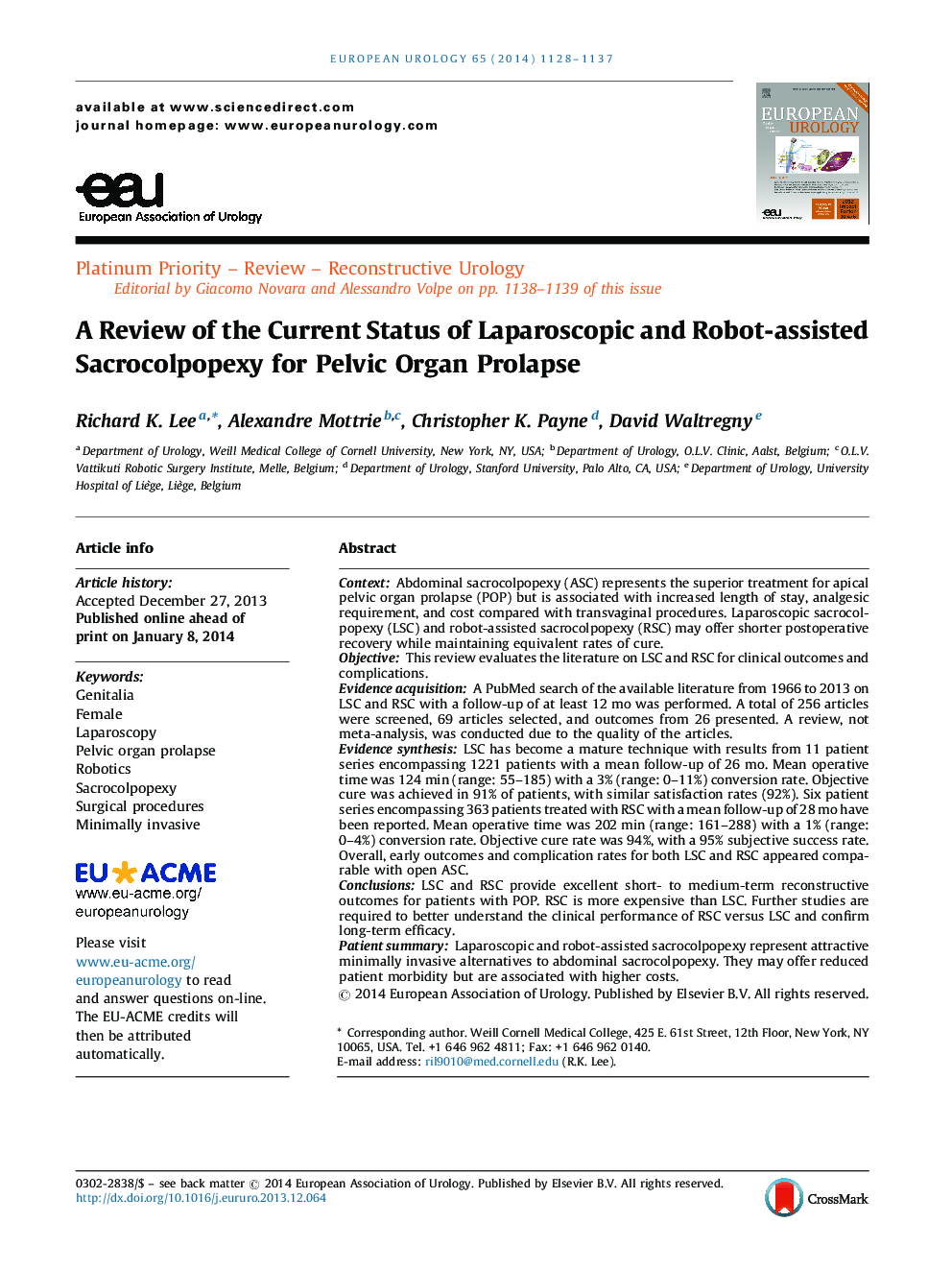 A Review of the Current Status of Laparoscopic and Robot-assisted Sacrocolpopexy for Pelvic Organ Prolapse