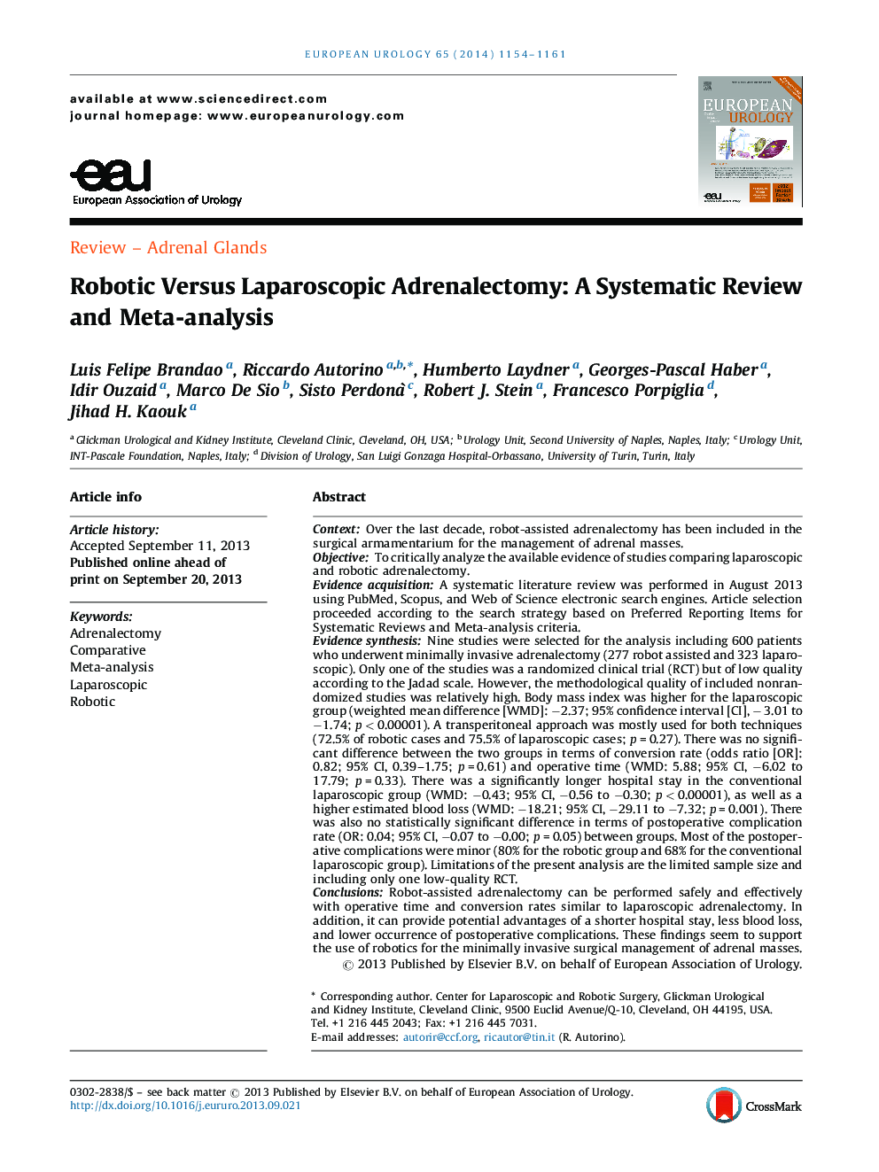 Robotic Versus Laparoscopic Adrenalectomy: A Systematic Review and Meta-analysis