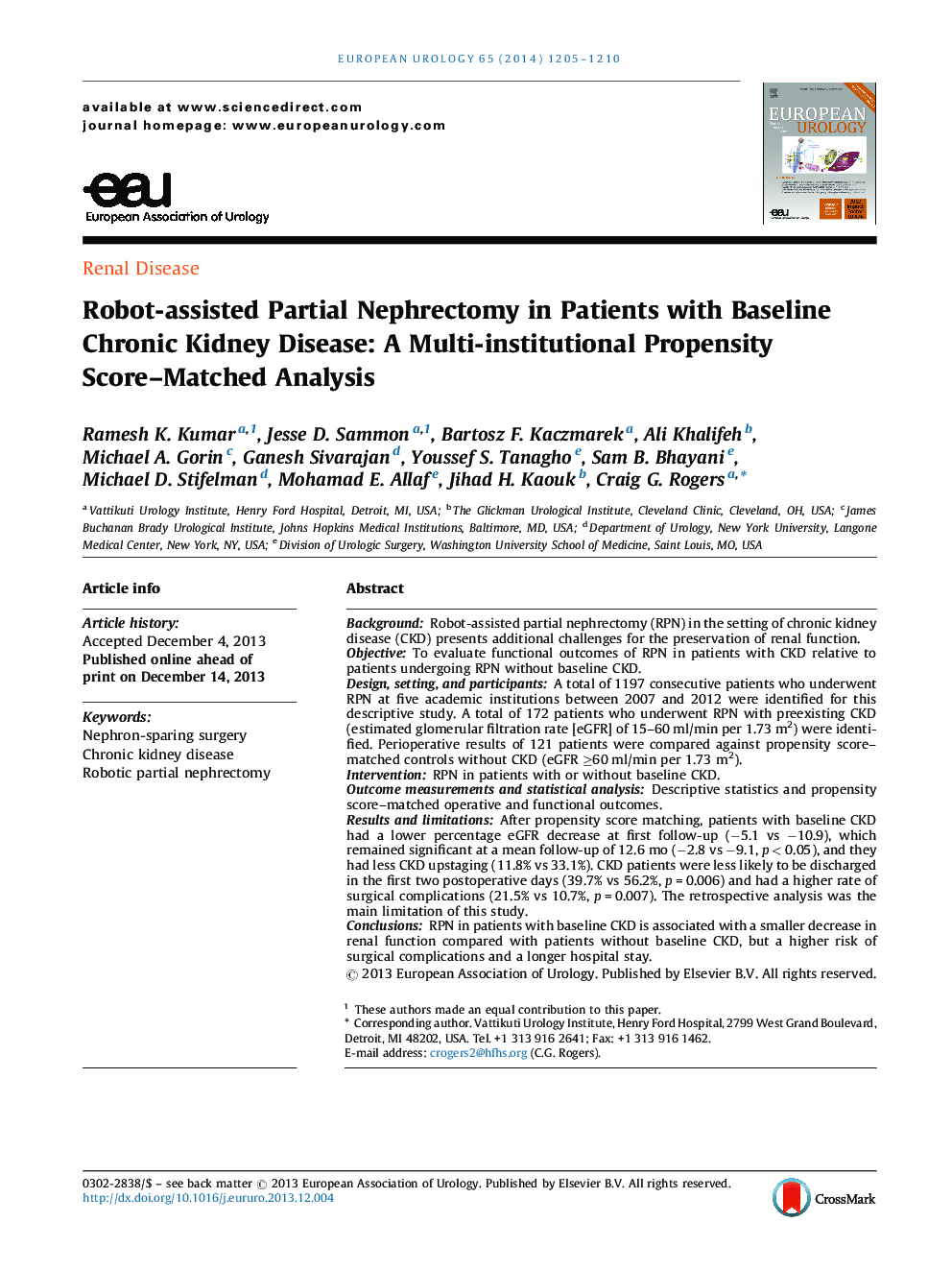 Robot-assisted Partial Nephrectomy in Patients with Baseline Chronic Kidney Disease: A Multi-institutional Propensity Score-Matched Analysis