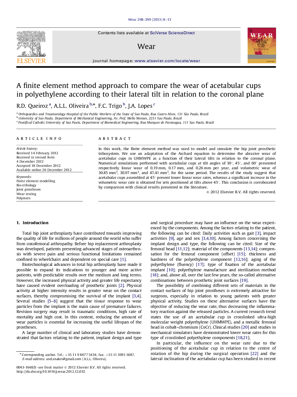 A finite element method approach to compare the wear of acetabular cups in polyethylene according to their lateral tilt in relation to the coronal plane