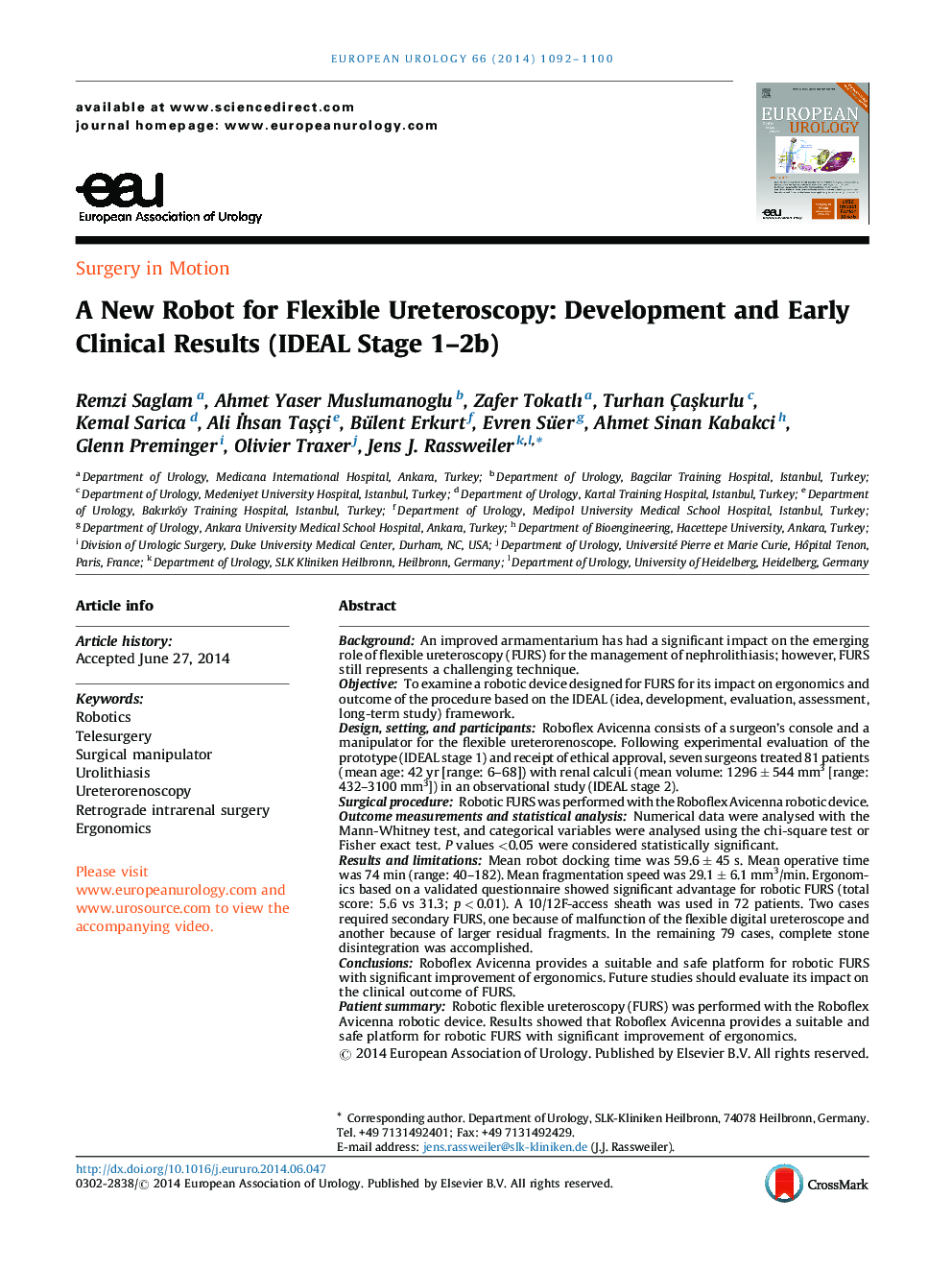 A New Robot for Flexible Ureteroscopy: Development and Early Clinical Results (IDEAL Stage 1-2b)