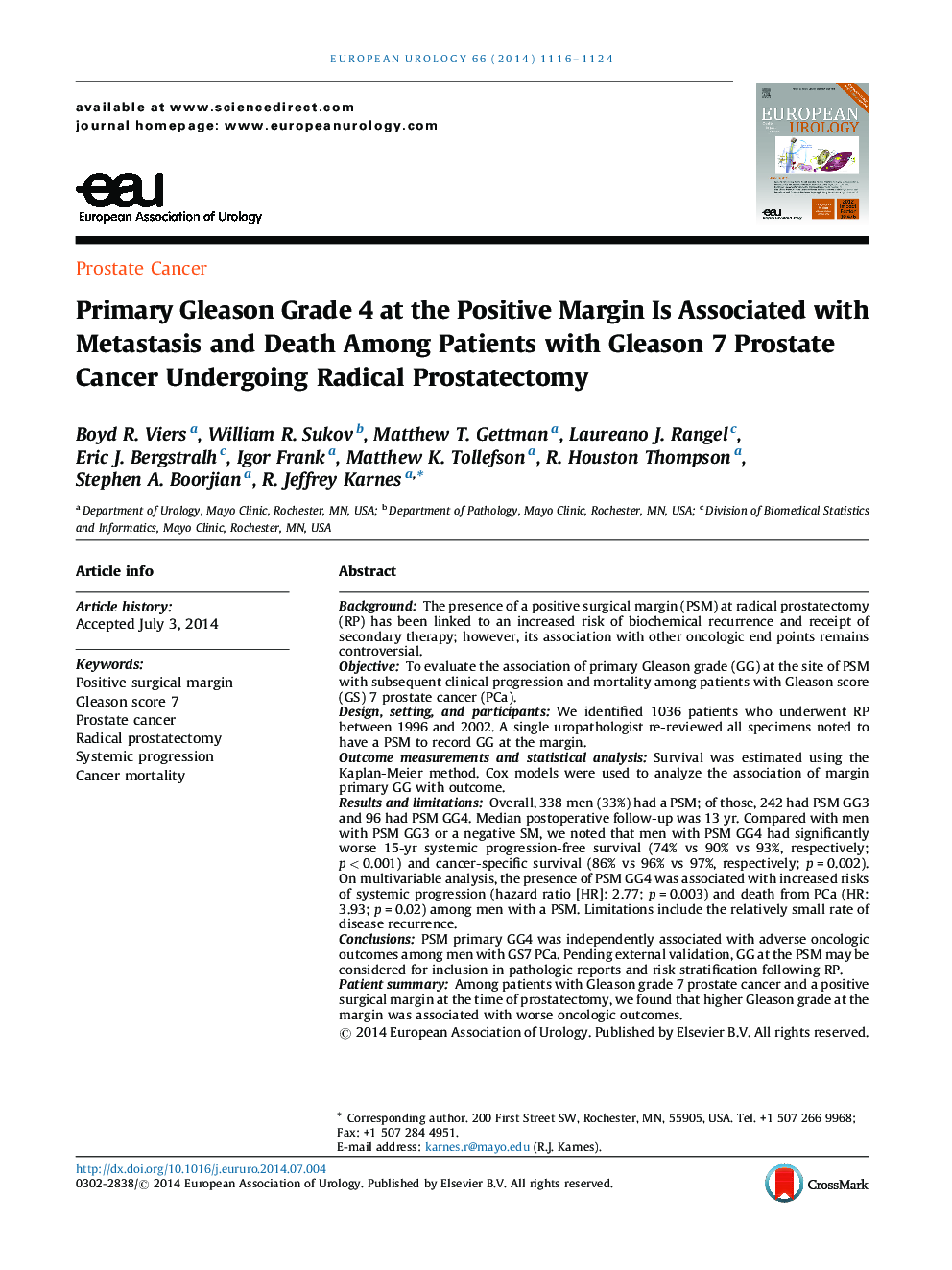 Primary Gleason Grade 4 at the Positive Margin Is Associated with Metastasis and Death Among Patients with Gleason 7 Prostate Cancer Undergoing Radical Prostatectomy