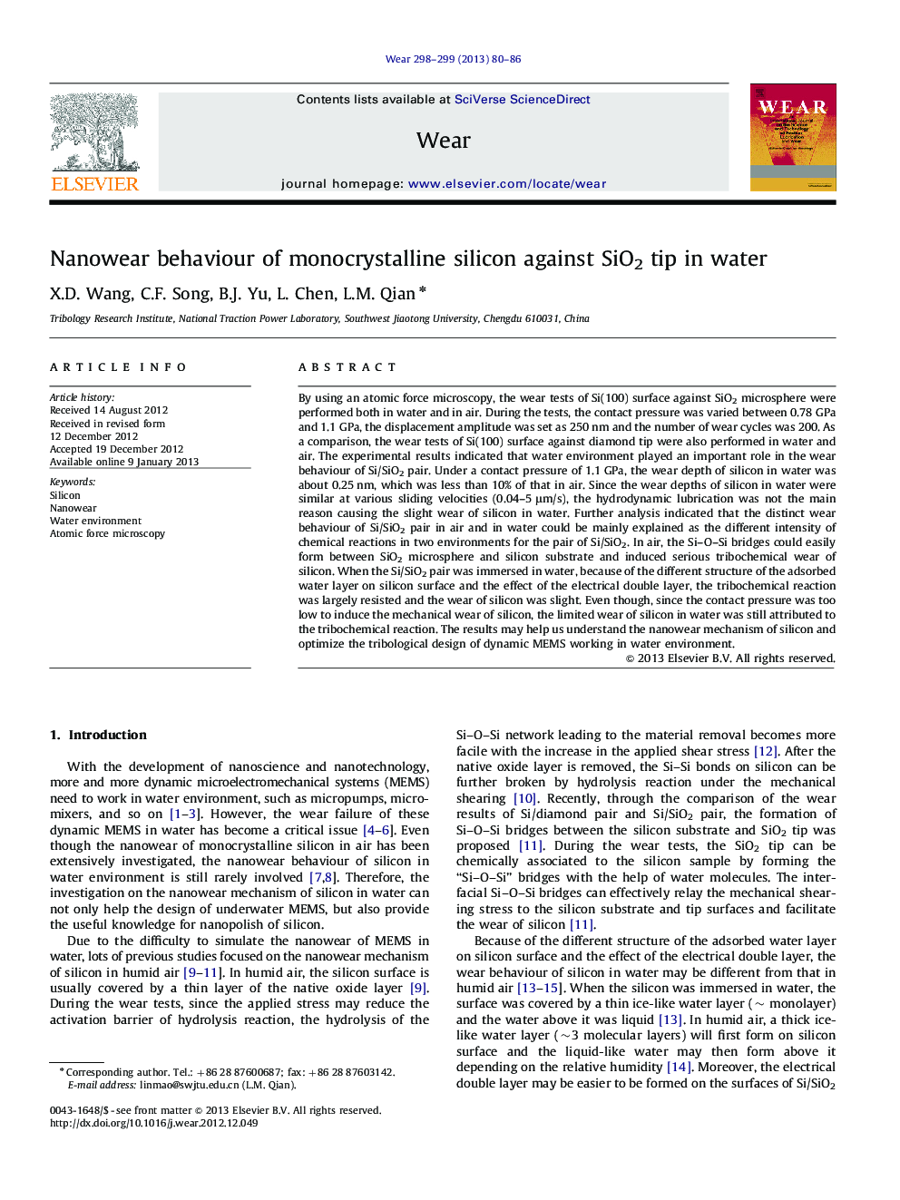 Nanowear behaviour of monocrystalline silicon against SiO2 tip in water