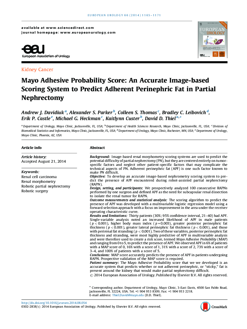 Mayo Adhesive Probability Score: An Accurate Image-based Scoring System to Predict Adherent Perinephric Fat in Partial Nephrectomy