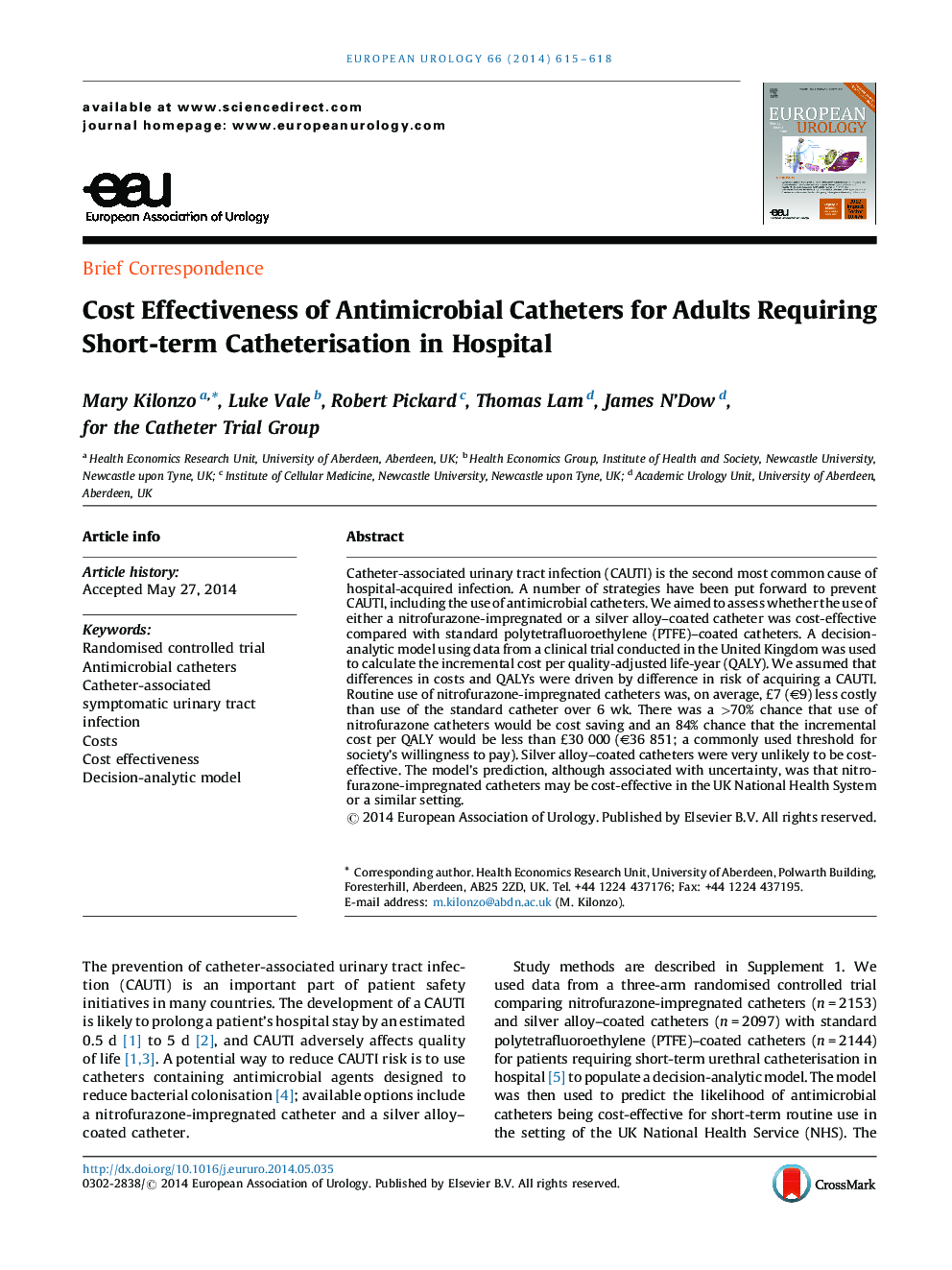 Cost Effectiveness of Antimicrobial Catheters for Adults Requiring Short-term Catheterisation in Hospital