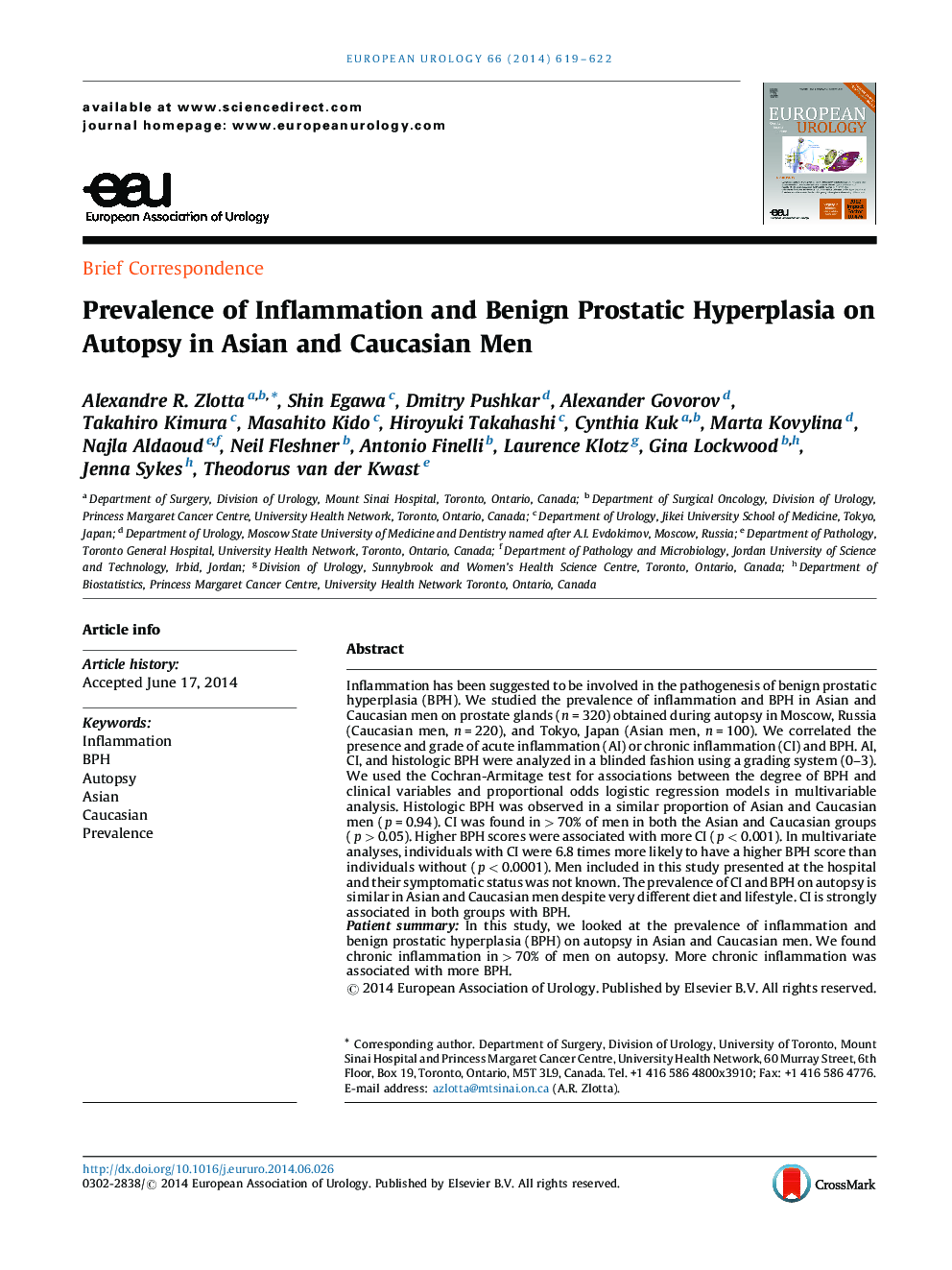 Prevalence of Inflammation and Benign Prostatic Hyperplasia on Autopsy in Asian and Caucasian Men