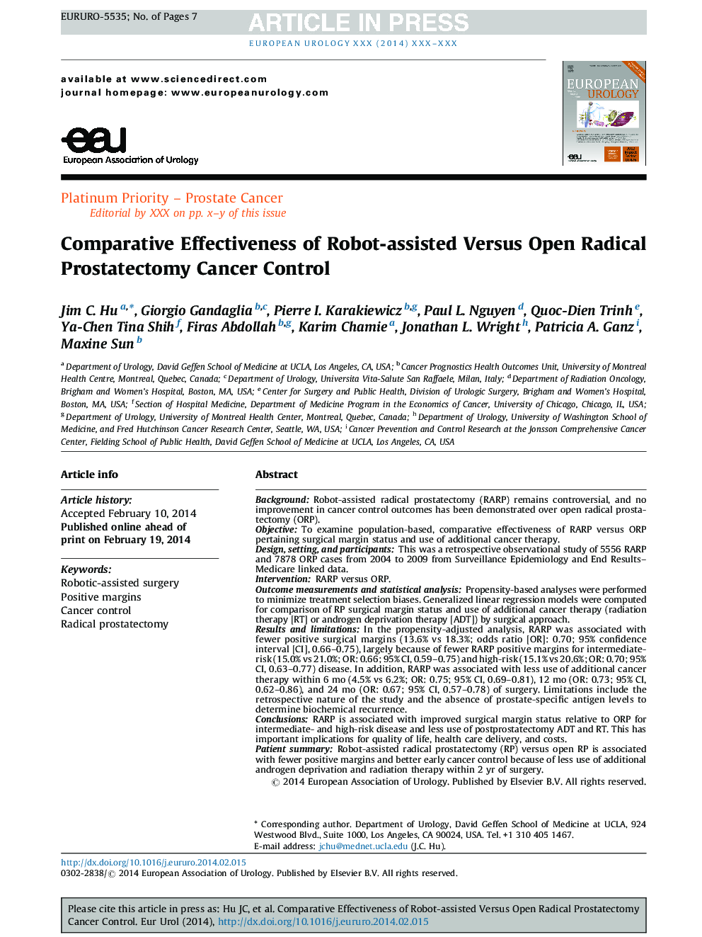 Comparative Effectiveness of Robot-assisted Versus Open Radical Prostatectomy Cancer Control