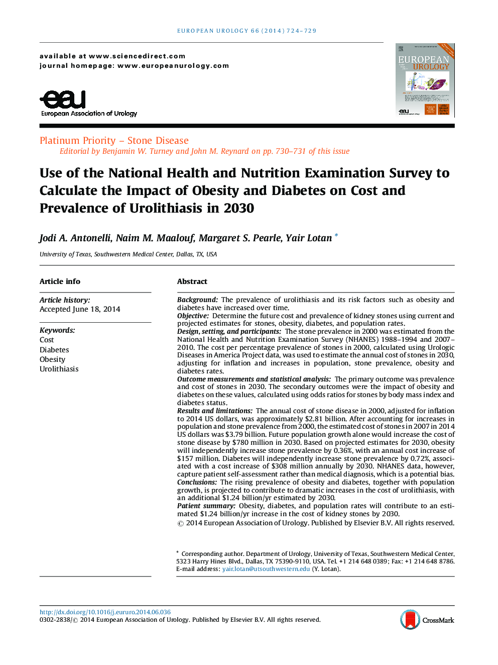 Use of the National Health and Nutrition Examination Survey to Calculate the Impact of Obesity and Diabetes on Cost and Prevalence of Urolithiasis in 2030