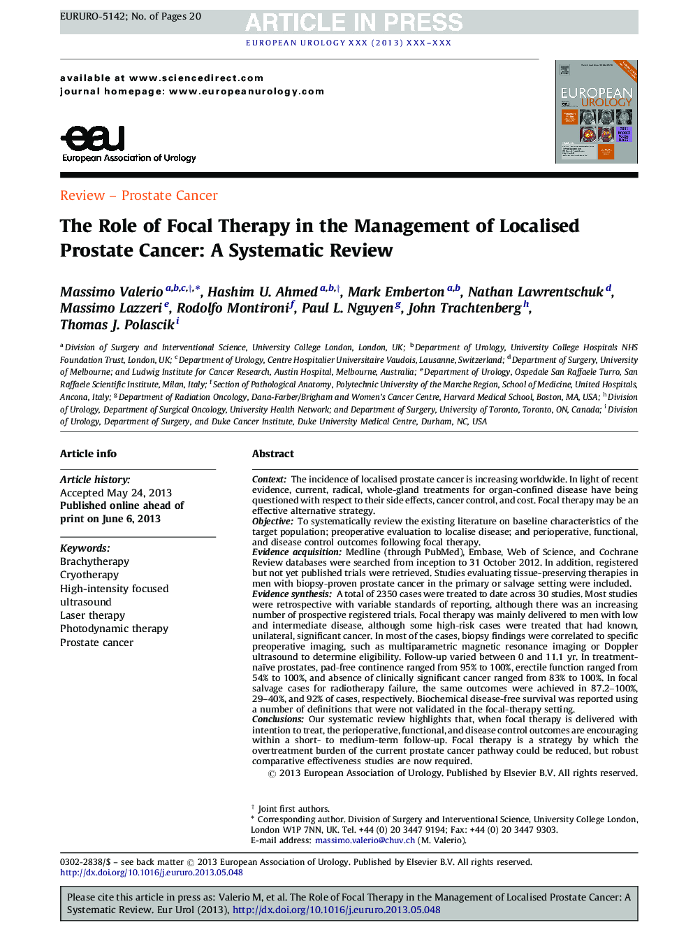 The Role of Focal Therapy in the Management of Localised Prostate Cancer: A Systematic Review