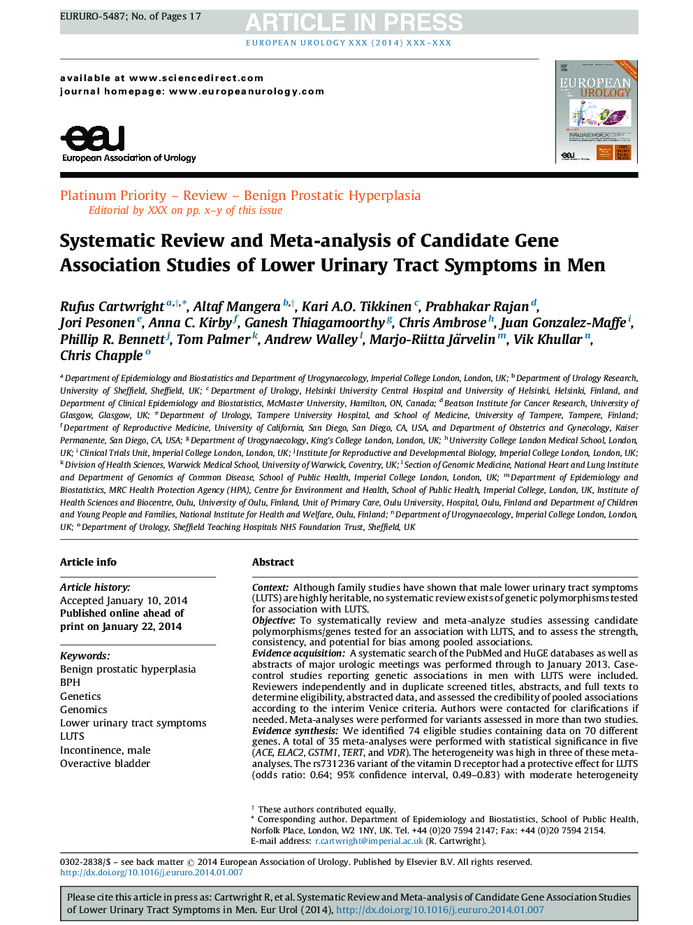 Systematic Review and Meta-analysis of Candidate Gene Association Studies of Lower Urinary Tract Symptoms in Men