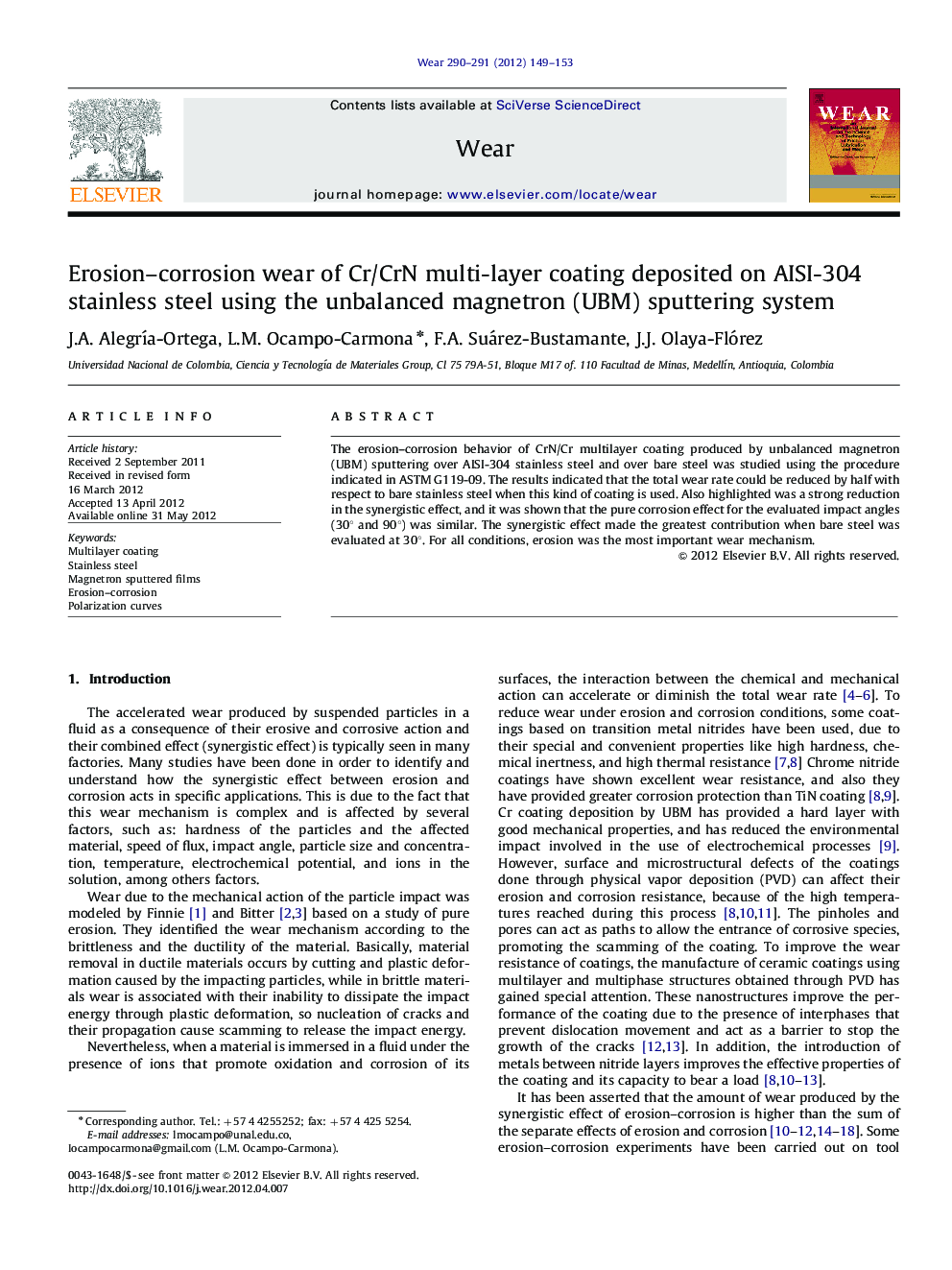 Erosion–corrosion wear of Cr/CrN multi-layer coating deposited on AISI-304 stainless steel using the unbalanced magnetron (UBM) sputtering system