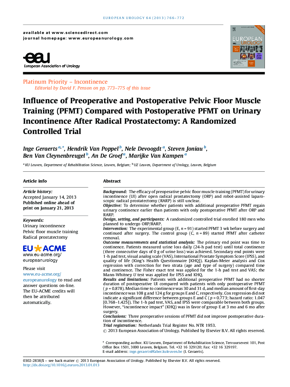 Influence of Preoperative and Postoperative Pelvic Floor Muscle Training (PFMT) Compared with Postoperative PFMT on Urinary Incontinence After Radical Prostatectomy: A Randomized Controlled Trial