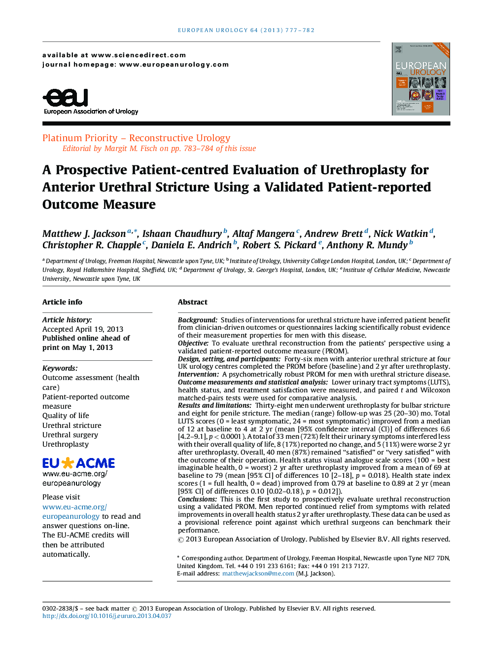 A Prospective Patient-centred Evaluation of Urethroplasty for Anterior Urethral Stricture Using a Validated Patient-reported Outcome Measure