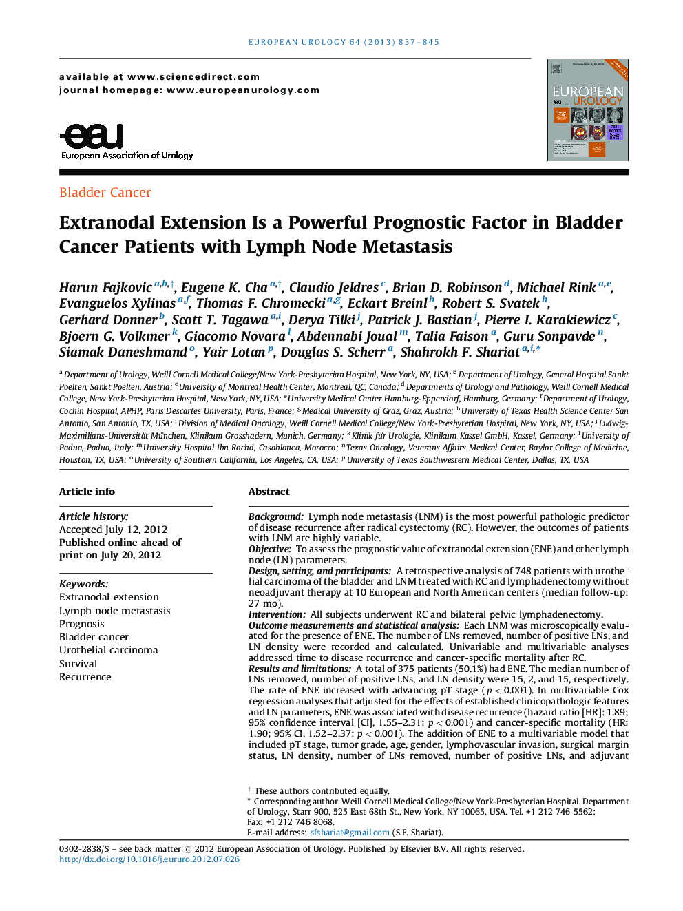 Extranodal Extension Is a Powerful Prognostic Factor in Bladder Cancer Patients with Lymph Node Metastasis