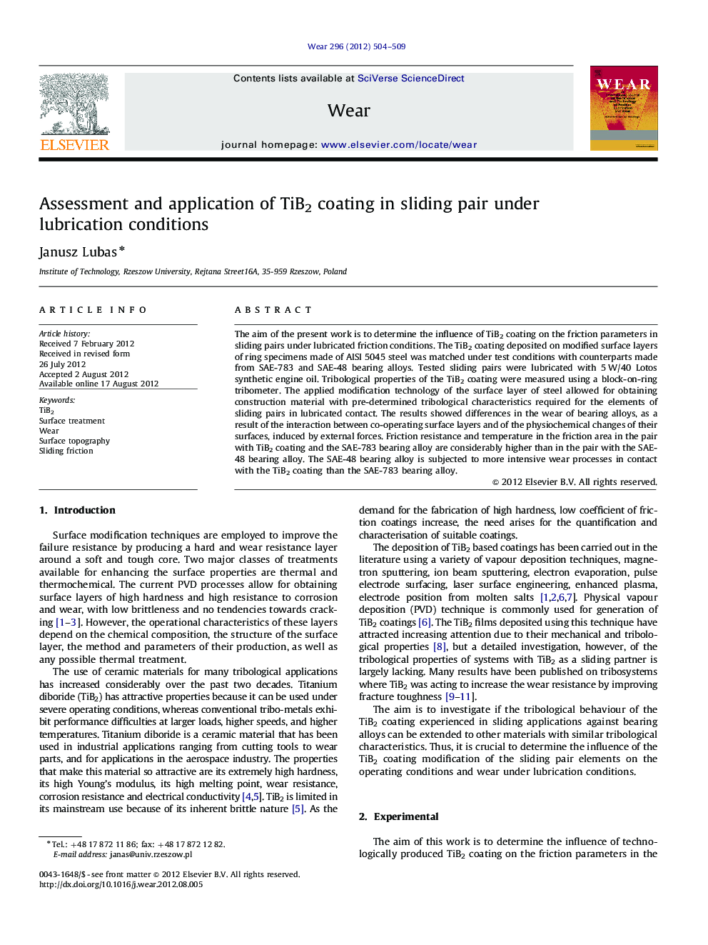 Assessment and application of TiB2 coating in sliding pair under lubrication conditions