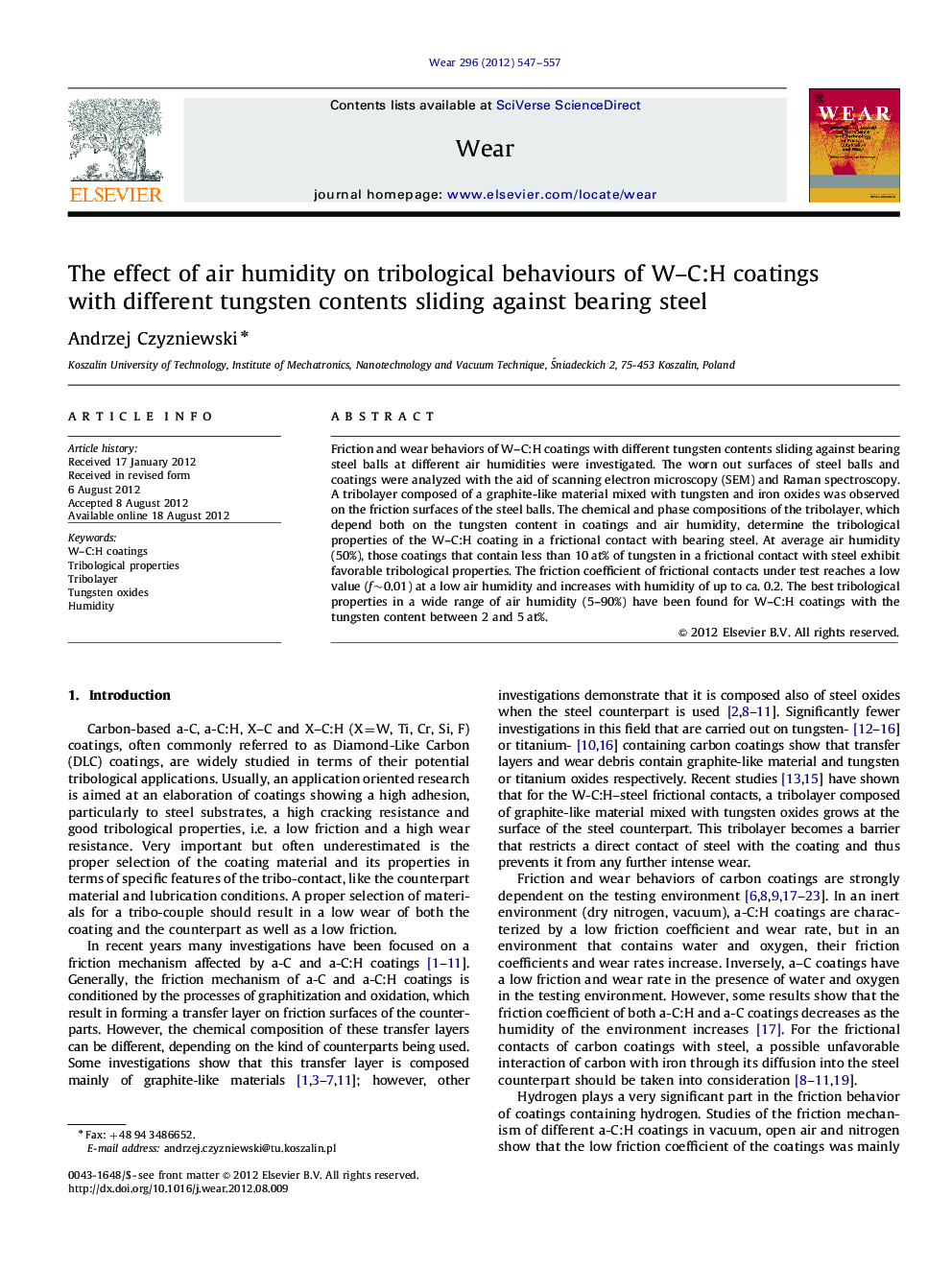 The effect of air humidity on tribological behaviours of W–C:H coatings with different tungsten contents sliding against bearing steel