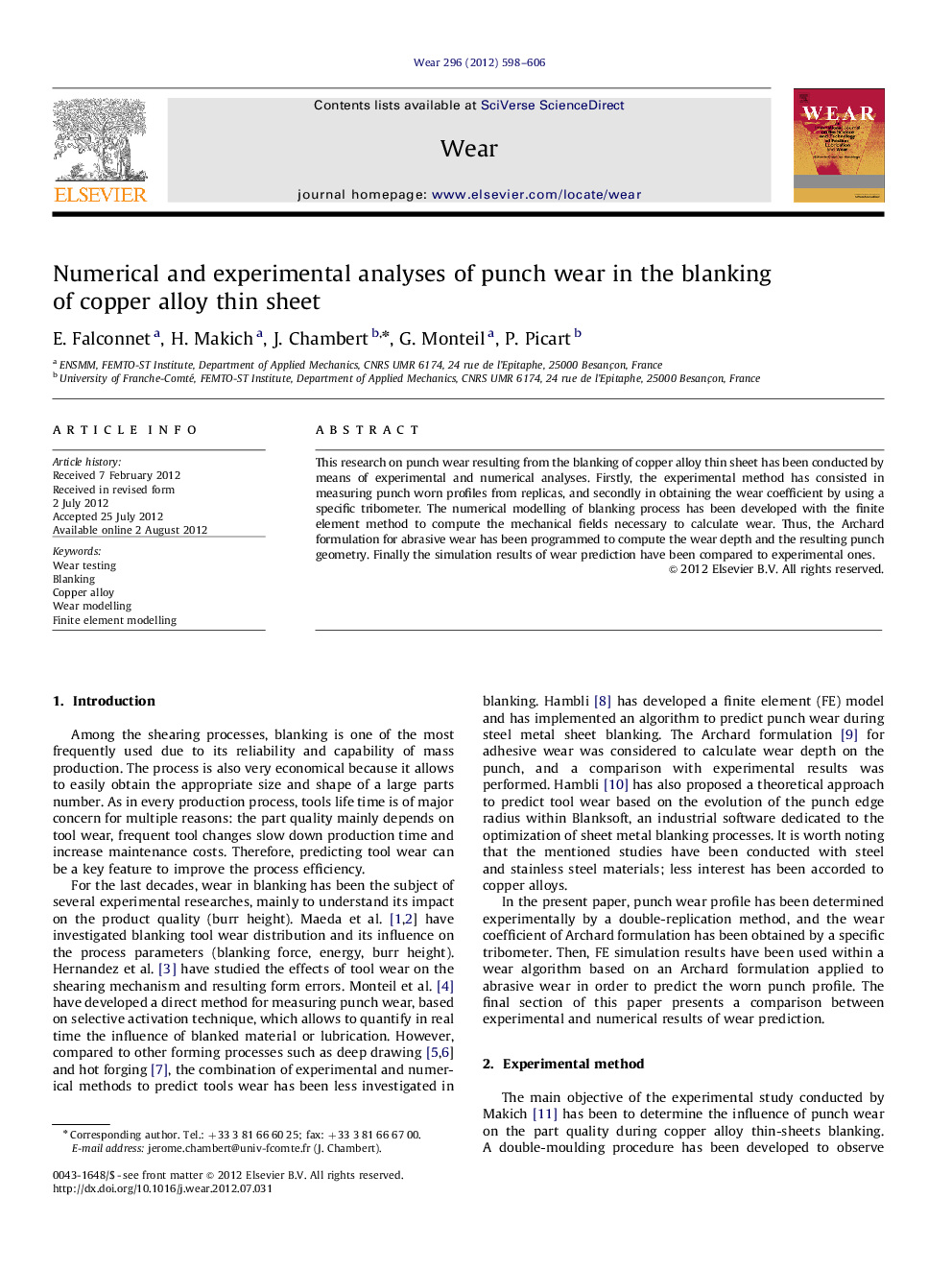 Numerical and experimental analyses of punch wear in the blanking of copper alloy thin sheet