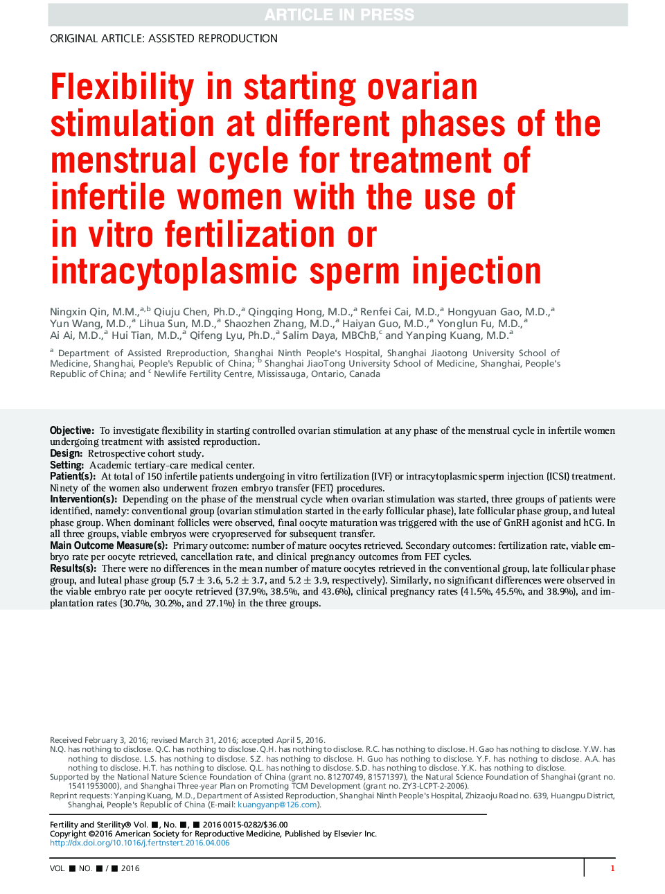 Flexibility in starting ovarian stimulation at different phases of the menstrual cycle for treatment of infertile women with the use of inÂ vitro fertilization or intracytoplasmic sperm injection