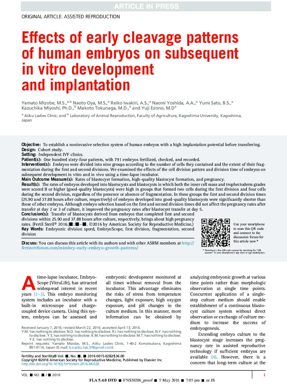 Effects of early cleavage patterns of human embryos on subsequent inÂ vitro development and implantation