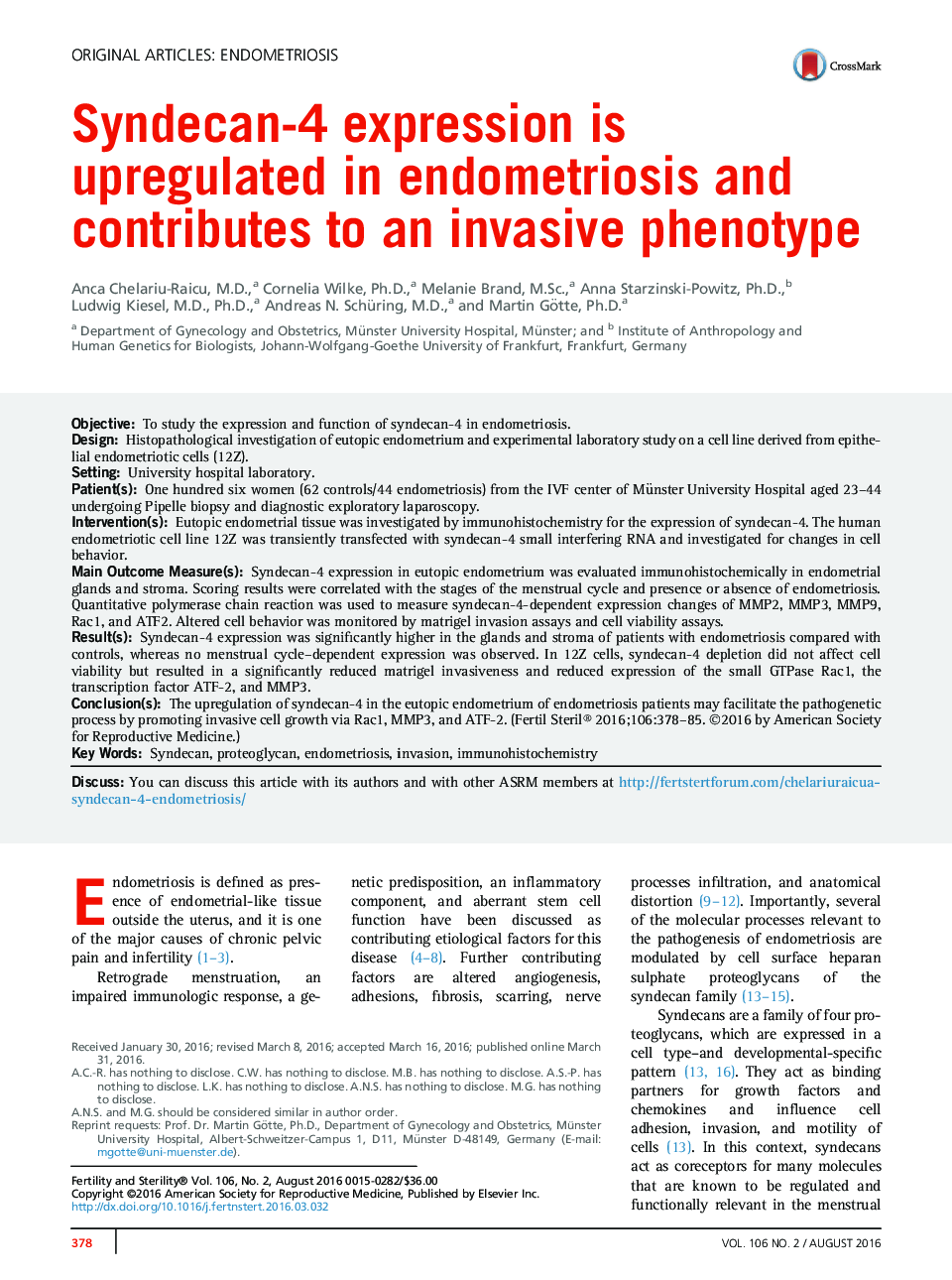 Syndecan-4 expression is upregulated in endometriosis and contributes to an invasive phenotype