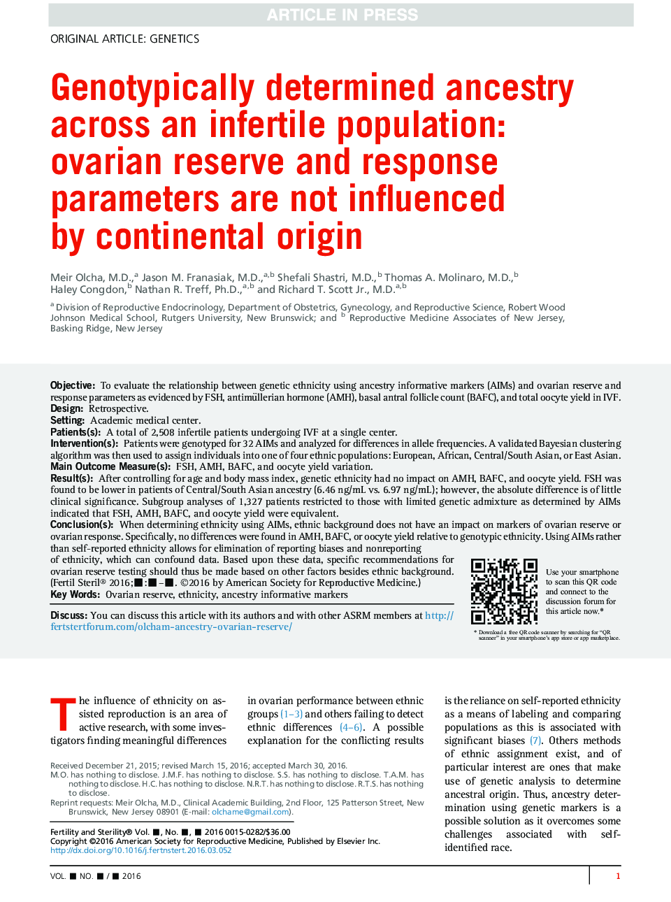 Genotypically determined ancestry across an infertile population: ovarian reserve and response parameters are not influenced byÂ continental origin