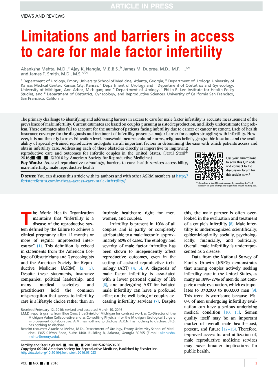 Limitations and barriers in access toÂ care for male factor infertility
