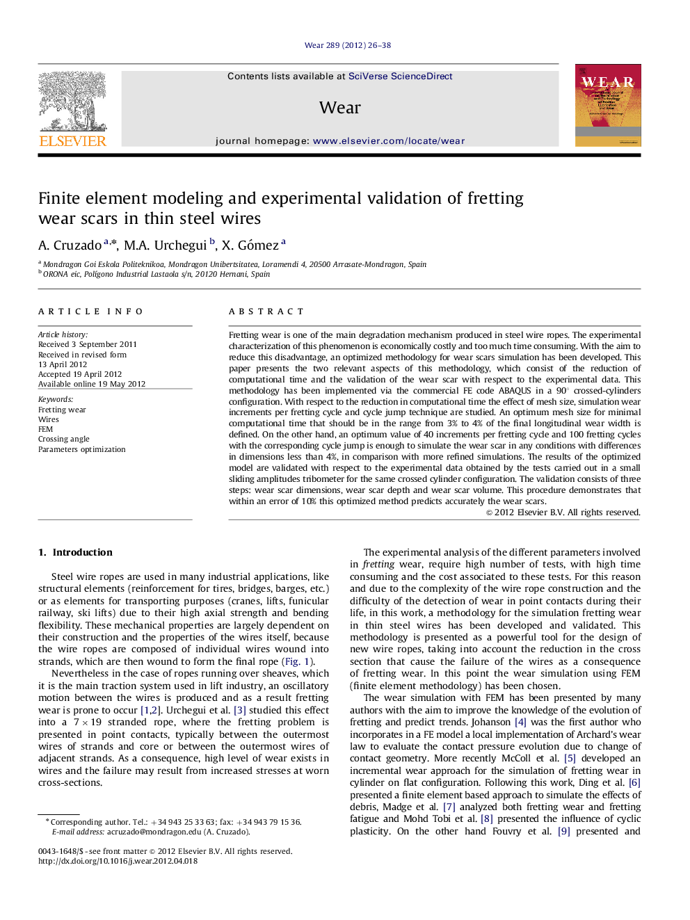 Finite element modeling and experimental validation of fretting wear scars in thin steel wires