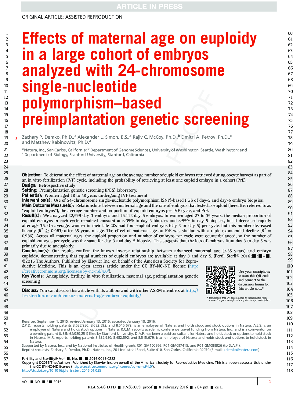 Effects of maternal age on euploidy rates inÂ a large cohort of embryos analyzedÂ with 24-chromosome single-nucleotide polymorphism-based preimplantation genetic screening