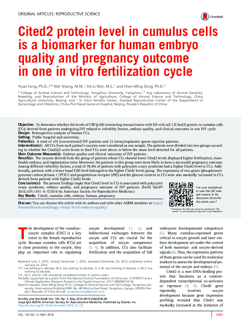 Cited2 protein level in cumulus cells is a biomarker for human embryo quality and pregnancy outcome inÂ one inÂ vitro fertilization cycle